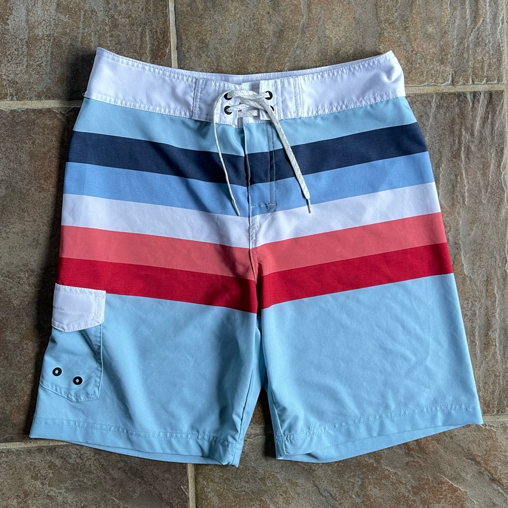 TRUE CRAFT Light Blue Multi Striped Board Shorts Swim Trunks Size 34